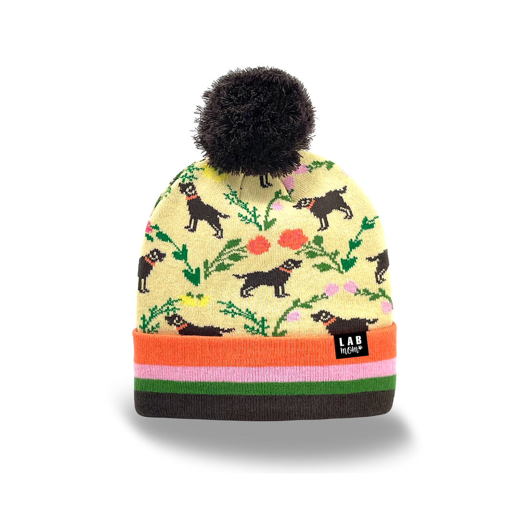 Labrador Dog Design Knit Beanie with Pom Pom, Unisex Warm Winter Hat