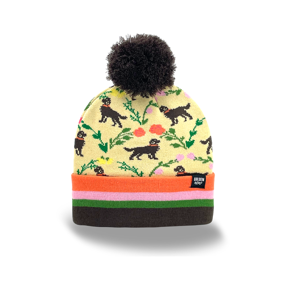 Warm Golden Retriever Dog Knit Beanie with Pom Pom Floral Print Winter Fashion Hat