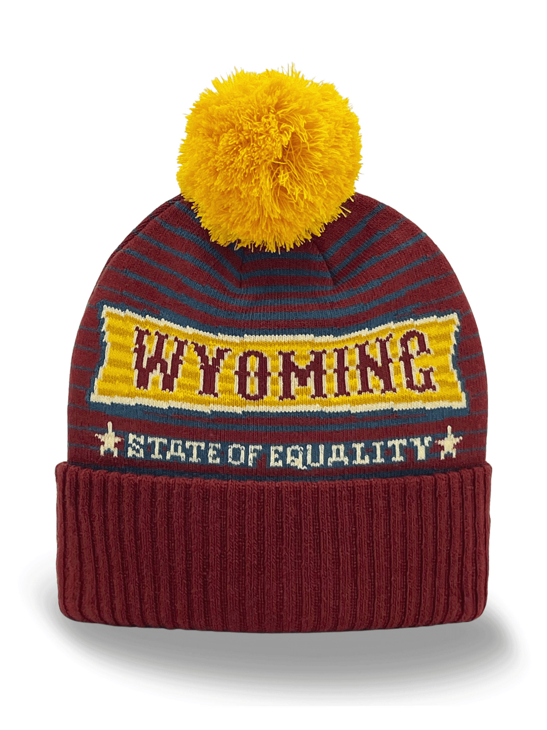 Wyoming State Knit Beanie Hat with Pom Pom, Stripes, and State of Equality Design