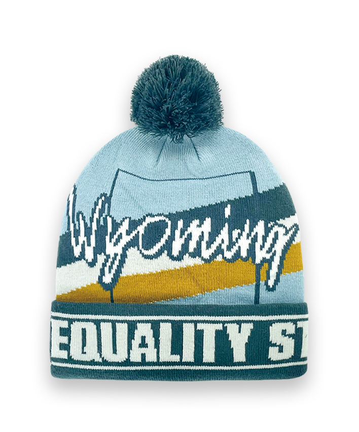 Wyoming Knit Beanie Hat with Equality State Design Winter Pom Pom Cap