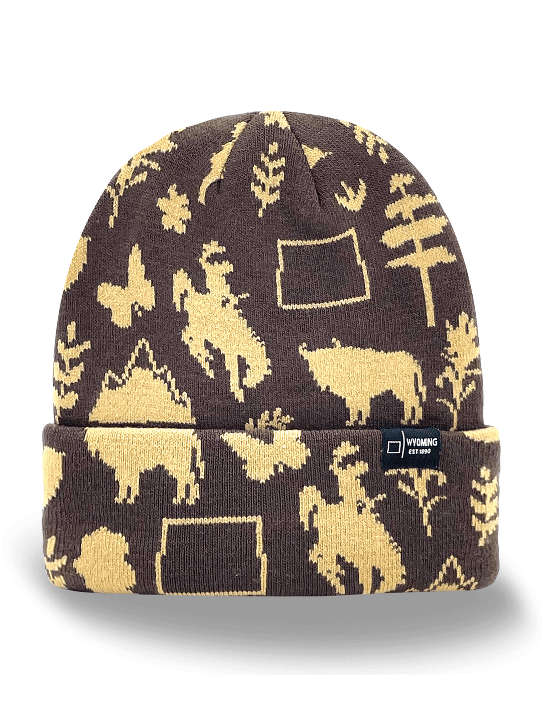 Wyoming State Icons Knit Beanie Hat with Buffalo Cowboy and Nature Pattern