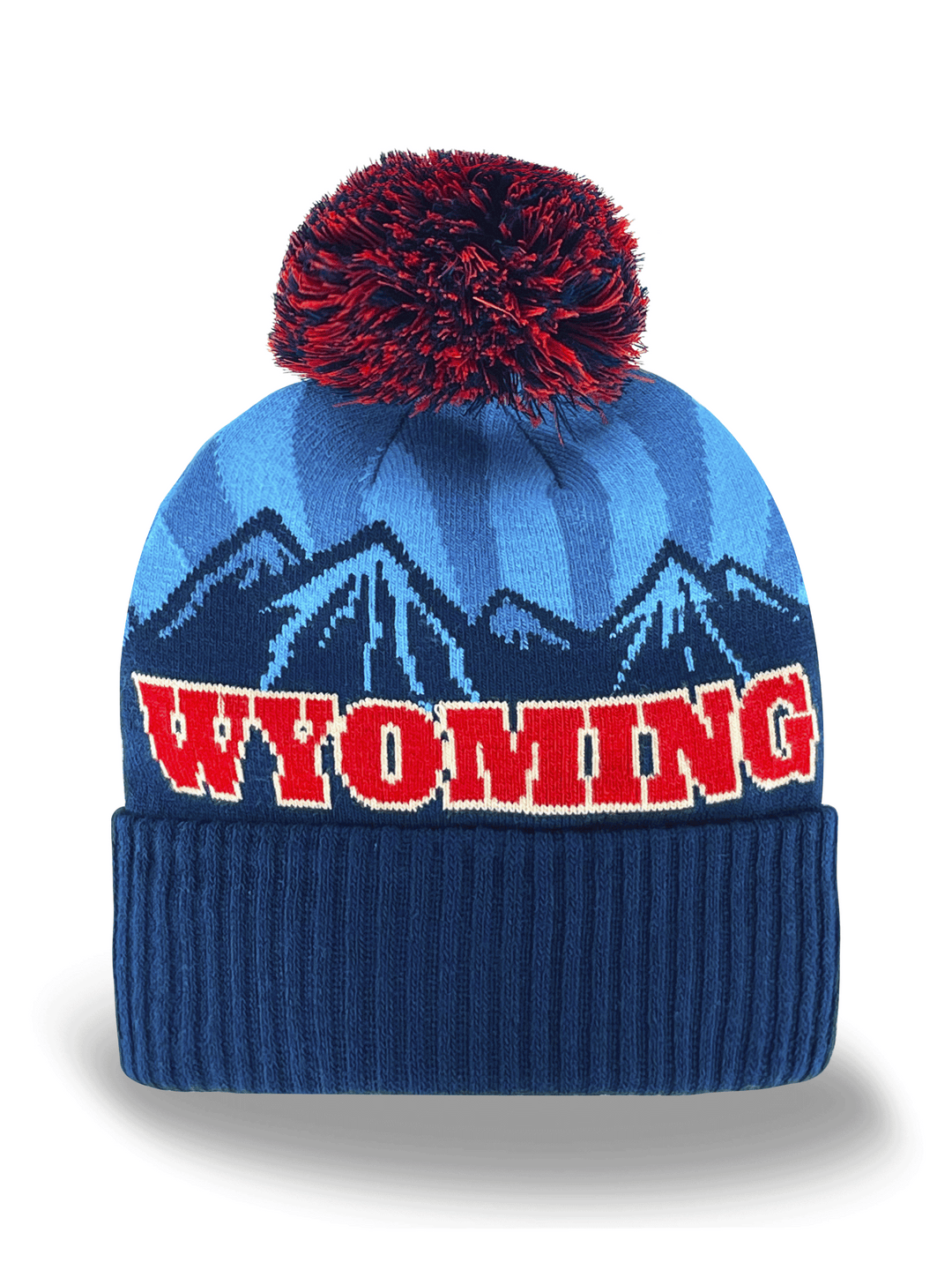 Wyoming Knit Beanie Winter Hat with Pom Pom Mountain Design Hiking Adventure Gear