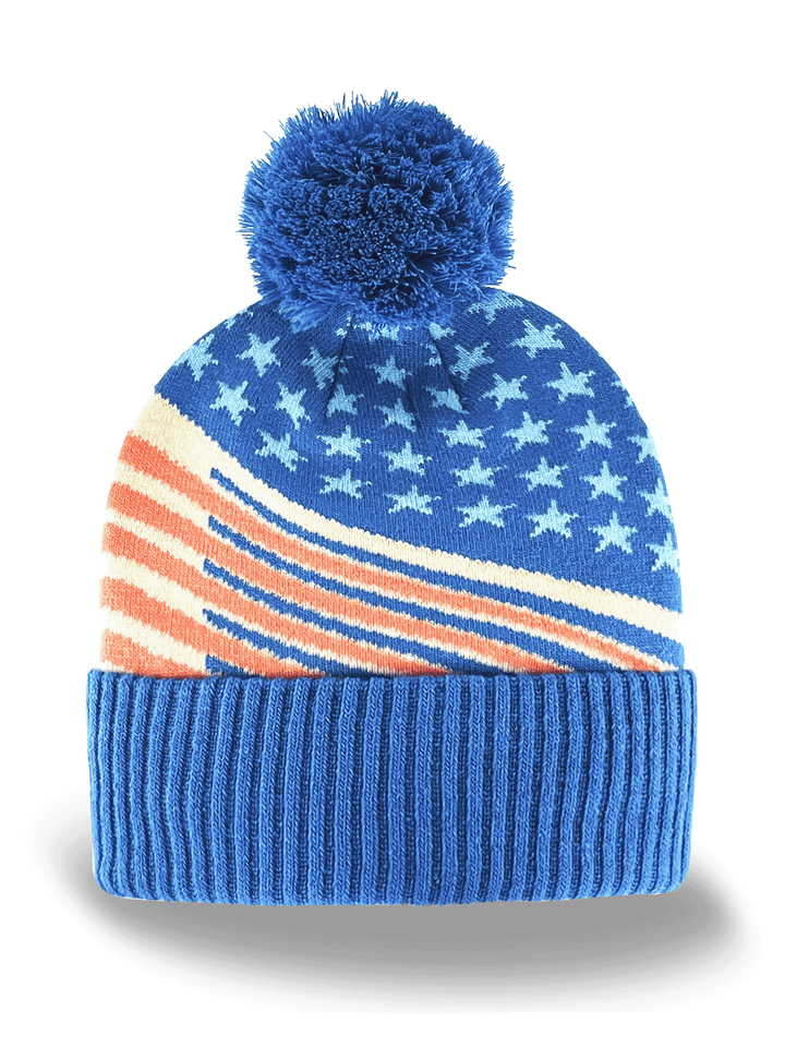USA Stars Stripes Knit Beanie Hat with Pom, American Flag Winter Cap