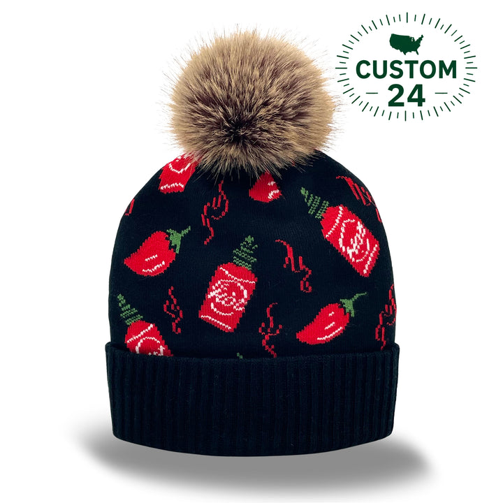 Spicy Pepper & Hot Sauce Jacquard Pom Beanie | Family Matching Winter Knit Beanie with Faux Fur Pom