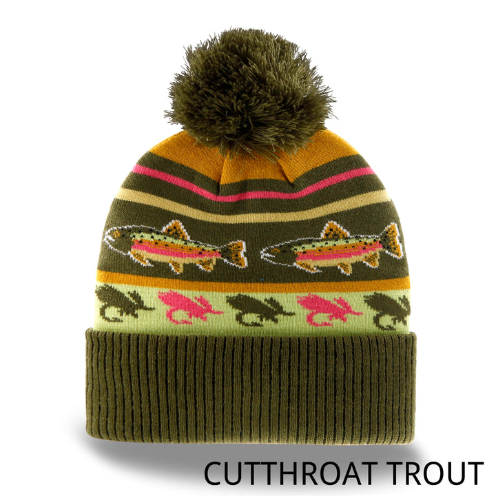 Rainbow Trout Knit Beanie with Pom Pom Winter Hat Fishing Lure Outdoor Camp Gear