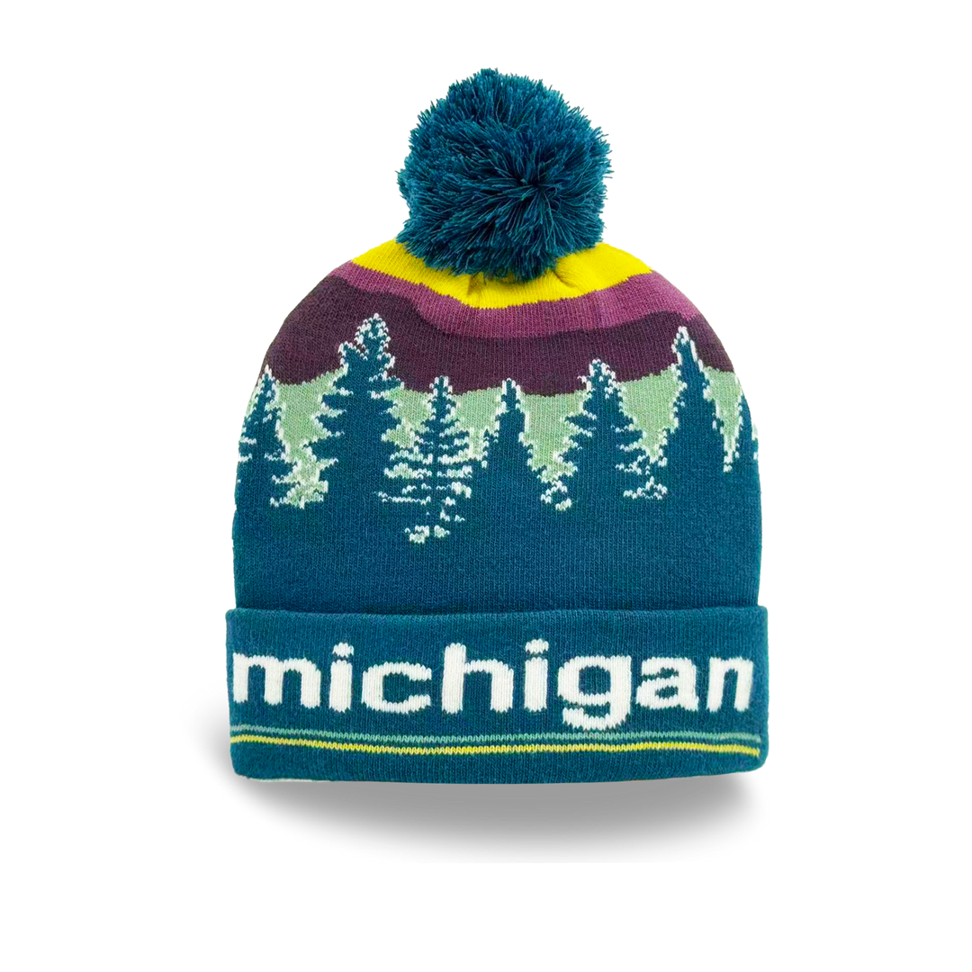 Michigan Forest Sunset Knit Beanie with Pine Tree Landscape