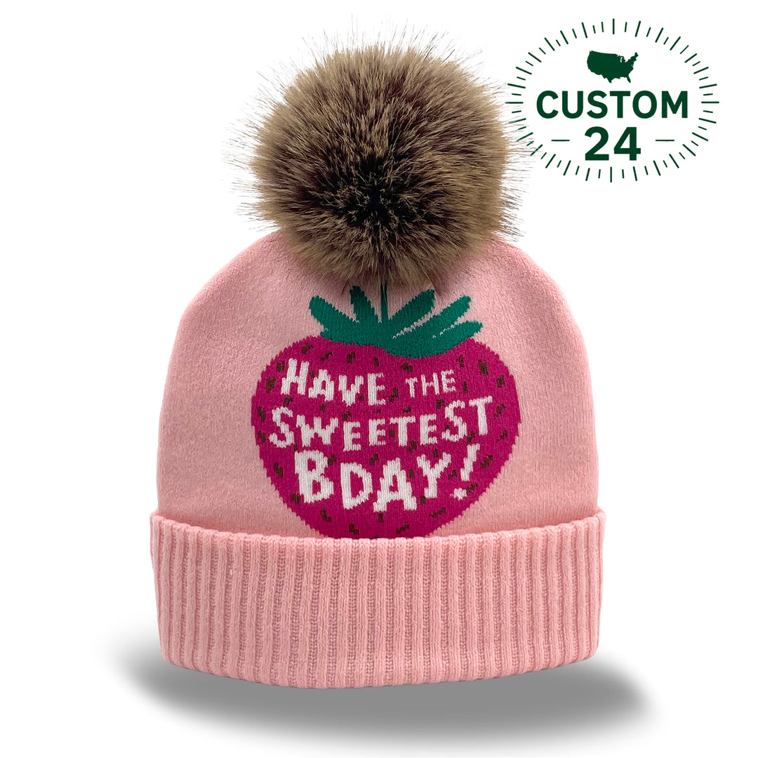 Sweet Strawberry Jacquard Pom Beanie | Matching Family Winter Hat with Faux Fur Pom