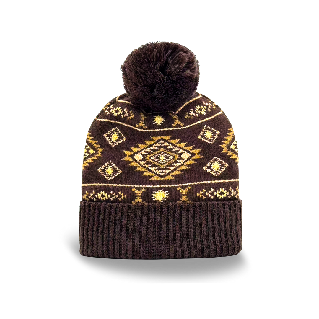 Geometric Pattern Pom Knit Beanie Brown Gold