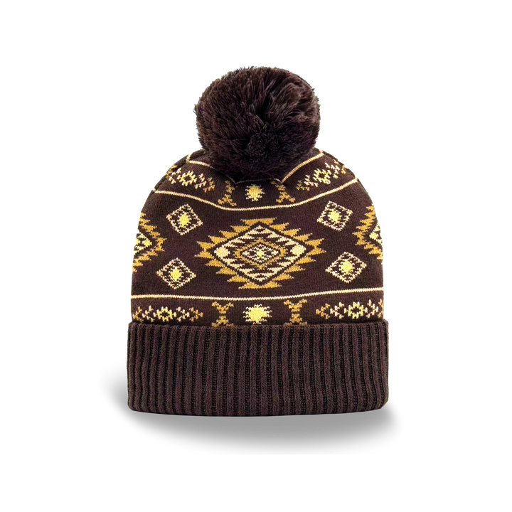 Geometric Pattern Pom Knit Beanie Brown Gold
