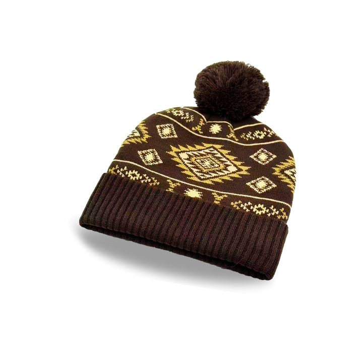 Geometric Pattern Pom Knit Beanie Brown Gold