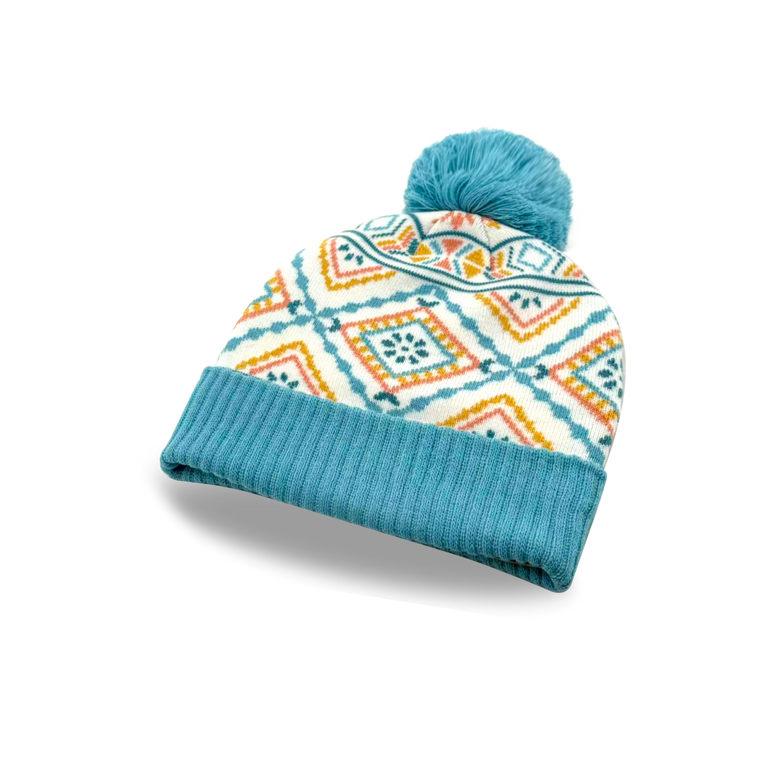 Kids Geometric Pattern Pom Knit Beanie Cozy Winter Gift