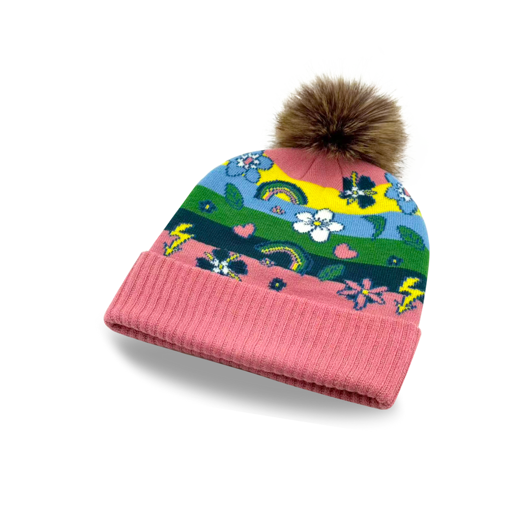 Kids Rainbow Flower Pattern Pom Knit Beanie Winter Hat