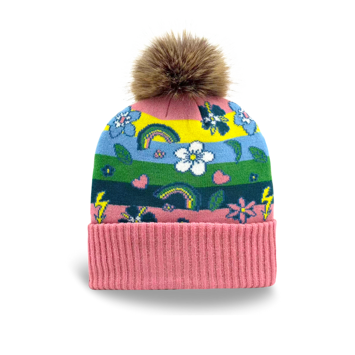 Kids Rainbow Flower Pattern Pom Knit Beanie Winter Hat