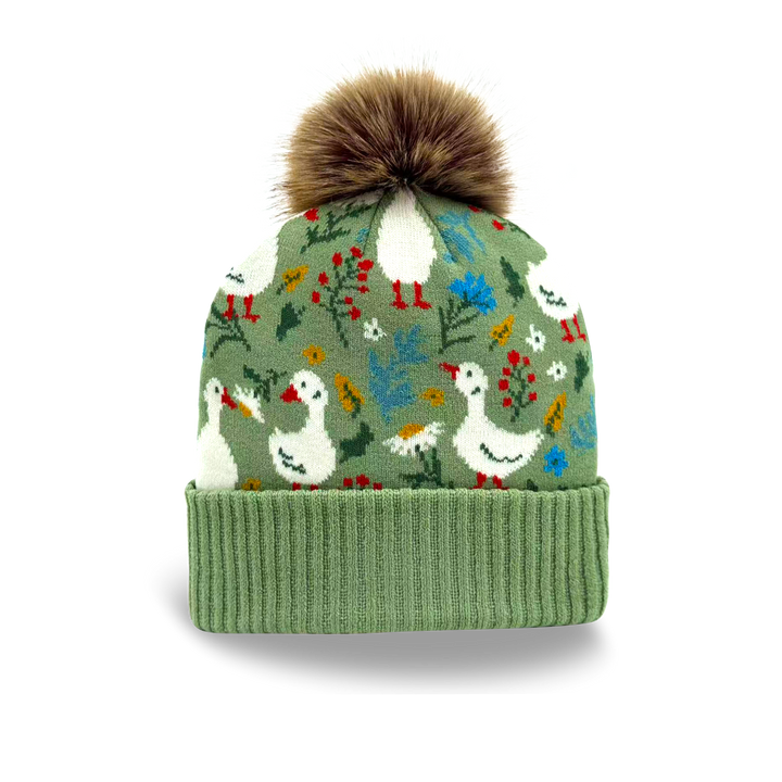 Kids Goose Pattern Pom Knit Beanie Cozy Winter Gift