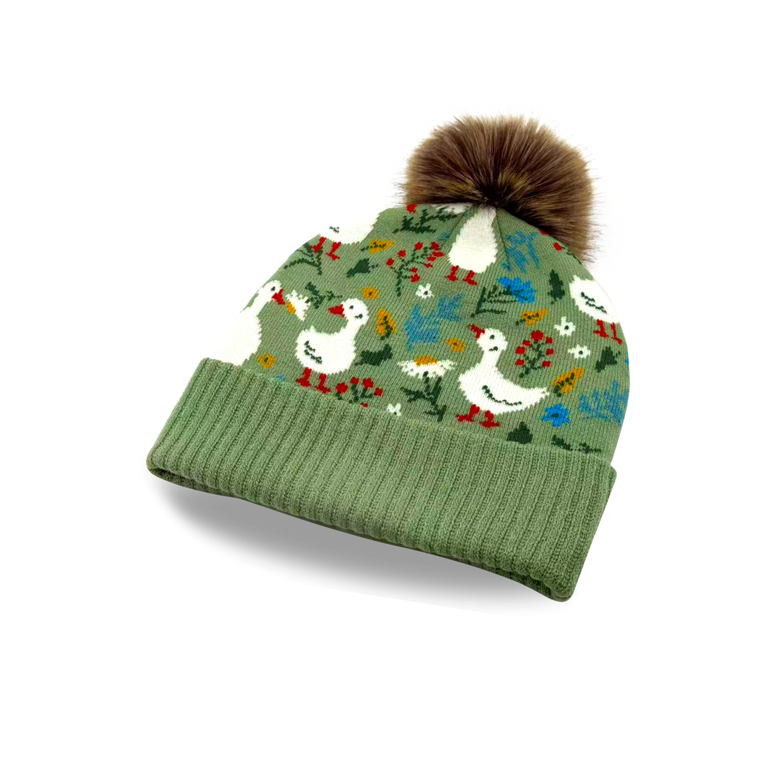 Kids Goose Pattern Pom Knit Beanie Cozy Winter Gift