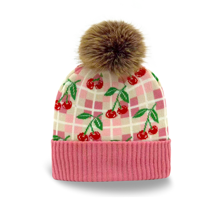 Kids Cherry Pattern Pom Knit Beanie Winter Hat