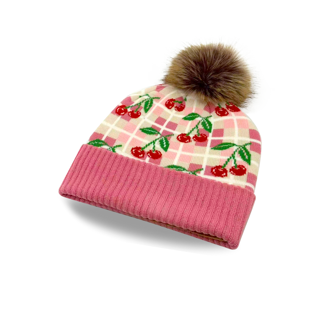 Kids Cherry Pattern Pom Knit Beanie Winter Hat