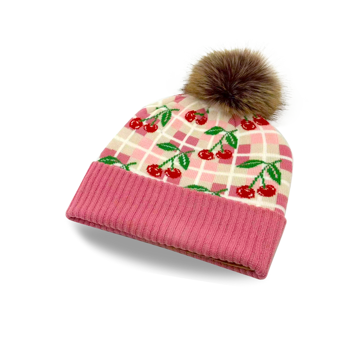 Kids Cherry Pattern Pom Knit Beanie Winter Hat