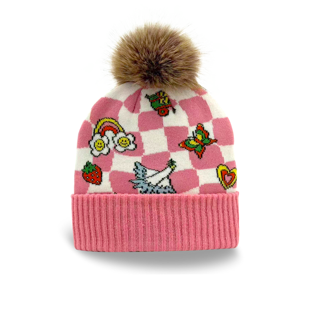 Kids Sticker Pattern Pom Knit Beanie Cozy Winter Gift