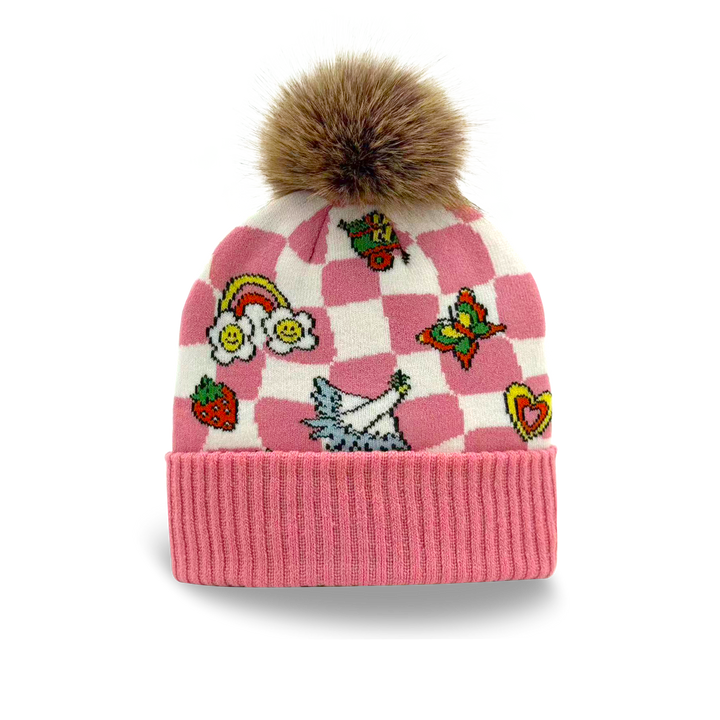 Kids Sticker Pattern Pom Knit Beanie Cozy Winter Gift