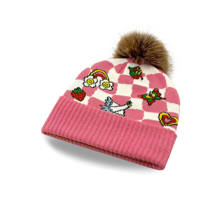 Kids Sticker Pattern Pom Knit Beanie Cozy Winter Gift