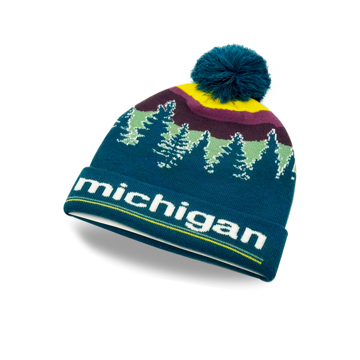 Michigan Forest Sunset Knit Beanie with Pine Tree Landscape