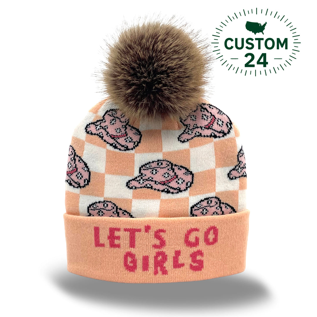 Cowgirl Western Jacquard Pom Beanie | Family Matching Buffalo Plaid Winter Knit Hat with Faux Fur Pom