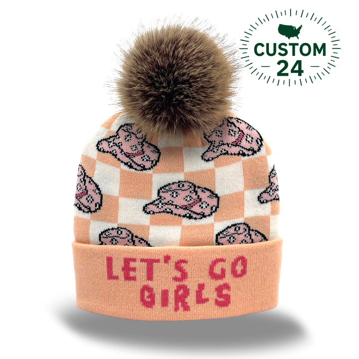 Cowgirl Western Jacquard Pom Beanie | Family Matching Buffalo Plaid Winter Knit Hat with Faux Fur Pom