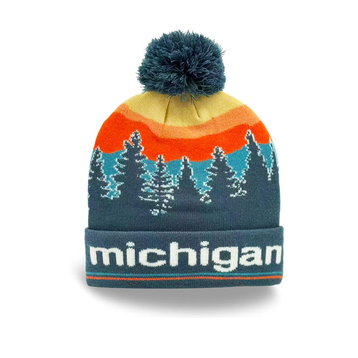 Michigan Sunset Forest Knit Beanie with Pine Tree Landscape