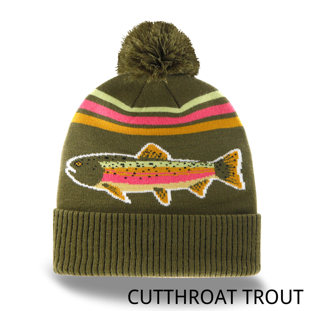 Rainbow Trout Knit Beanie Winter Hat with Pom Pom Fishing Outdoor Cabin Style