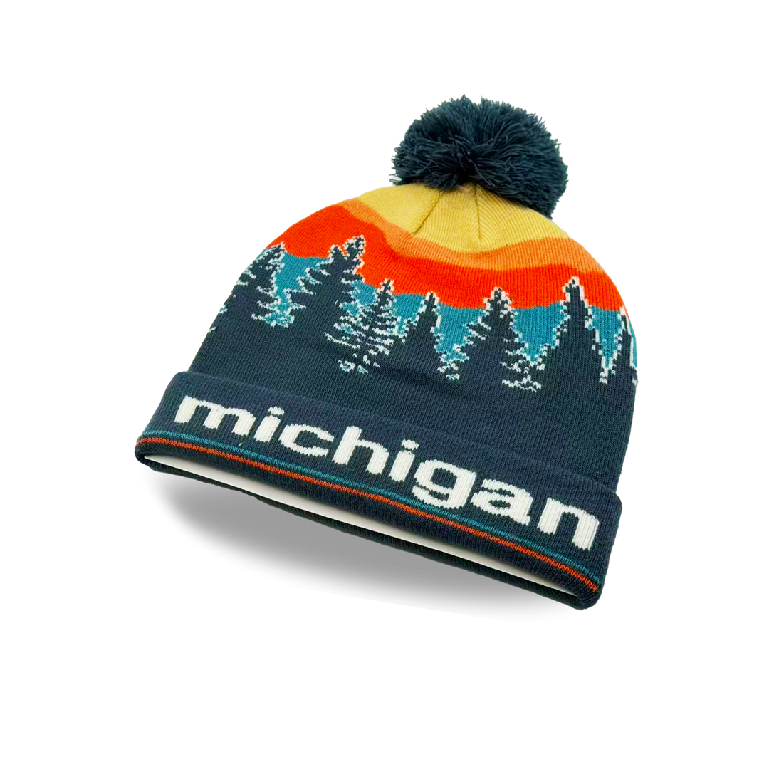 Michigan Sunset Forest Knit Beanie with Pine Tree Landscape