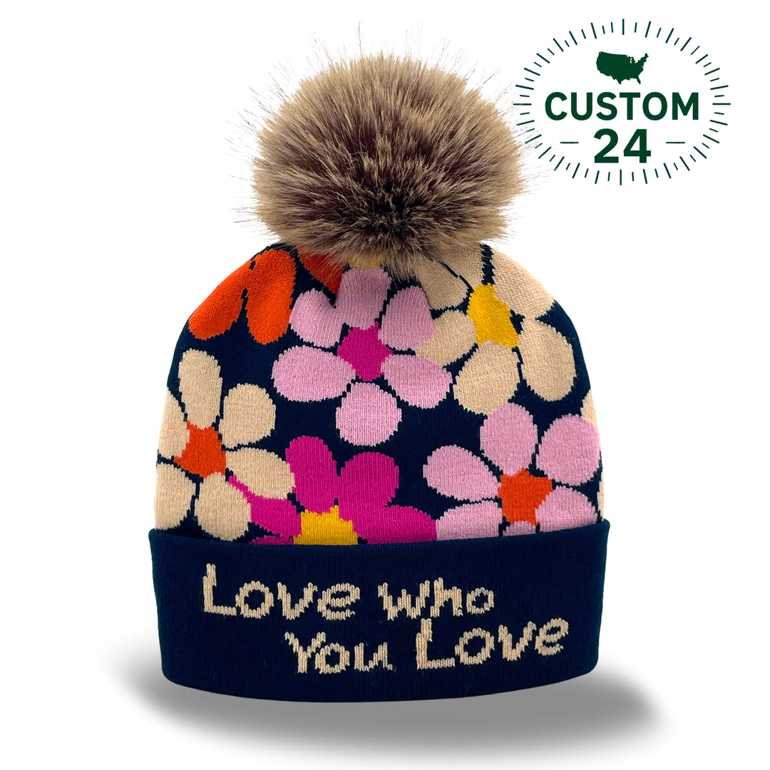 Floral Jacquard Pom Beanie | Family Matching Winter Knit Hat with Faux Fur Pom