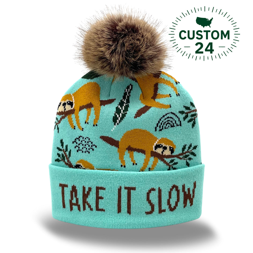 Sloth Jacquard Pom Beanie | Family Matching Winter Knit Hat with Faux Fur Pom