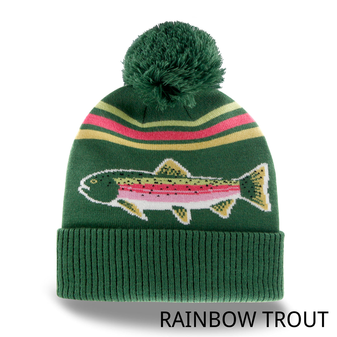 Rainbow Trout Knit Beanie Winter Hat with Pom Pom Fishing Outdoor Cabin Style
