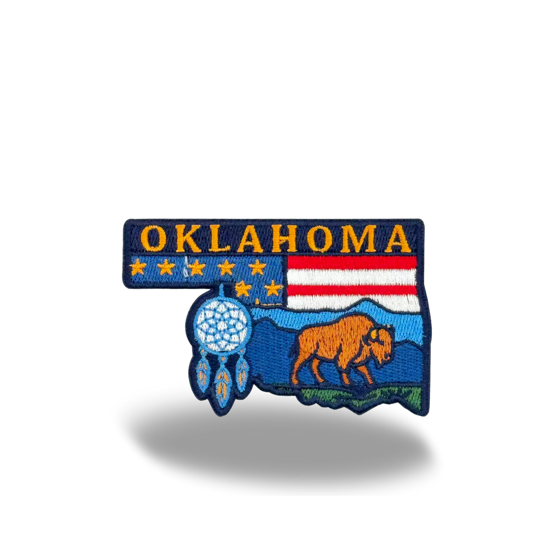 Oklahoma State Embroidered Patch with Bison, Dreamcatcher, Western Landscape Design