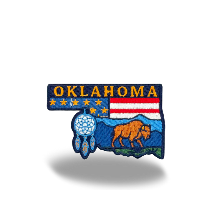 Oklahoma State Embroidered Patch with Bison, Dreamcatcher, Western Landscape Design