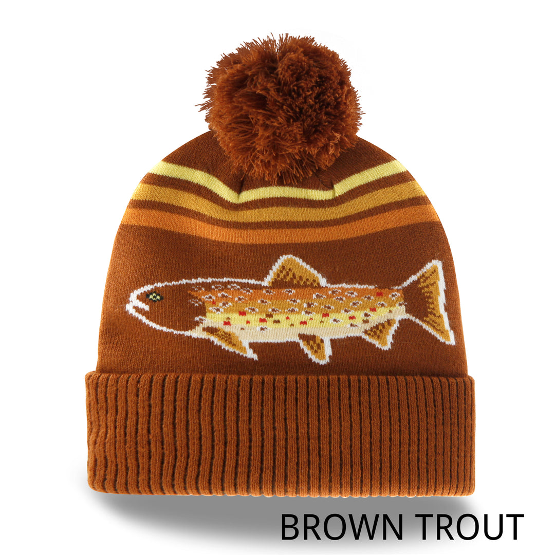 Rainbow Trout Knit Beanie Winter Hat with Pom Pom Fishing Outdoor Cabin Style
