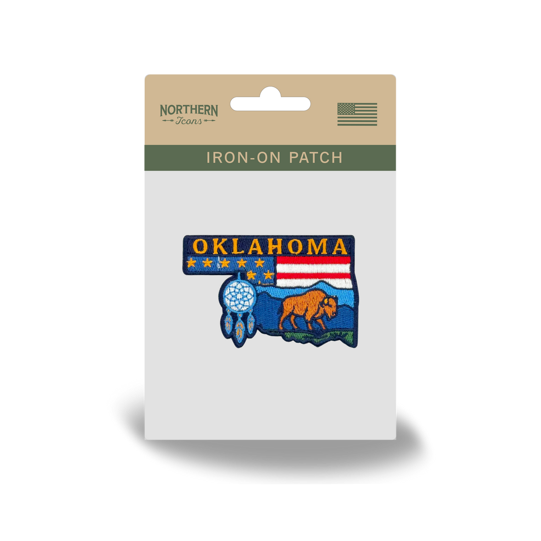 Oklahoma State Embroidered Patch with Bison, Dreamcatcher, Western Landscape Design