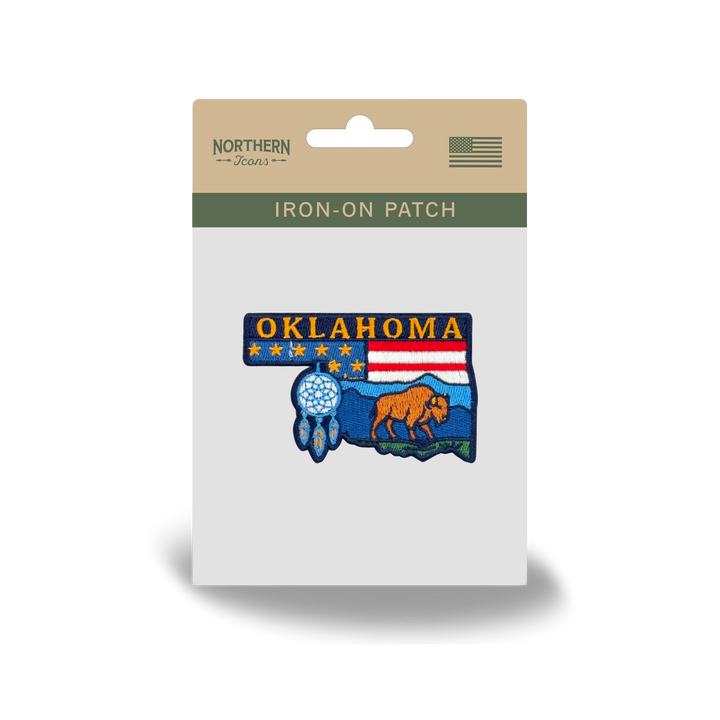 Oklahoma State Embroidered Patch with Bison, Dreamcatcher, Western Landscape Design