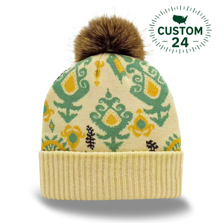 Yellow Green Knit Pom Beanie – Cozy Winter Hat with Nordic Floral Pattern