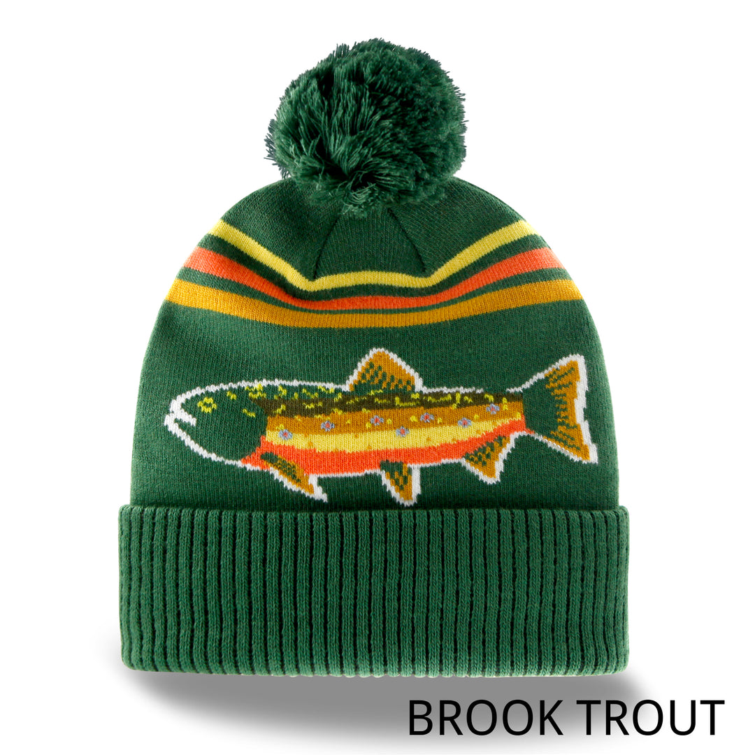 Rainbow Trout Knit Beanie Winter Hat with Pom Pom Fishing Outdoor Cabin Style
