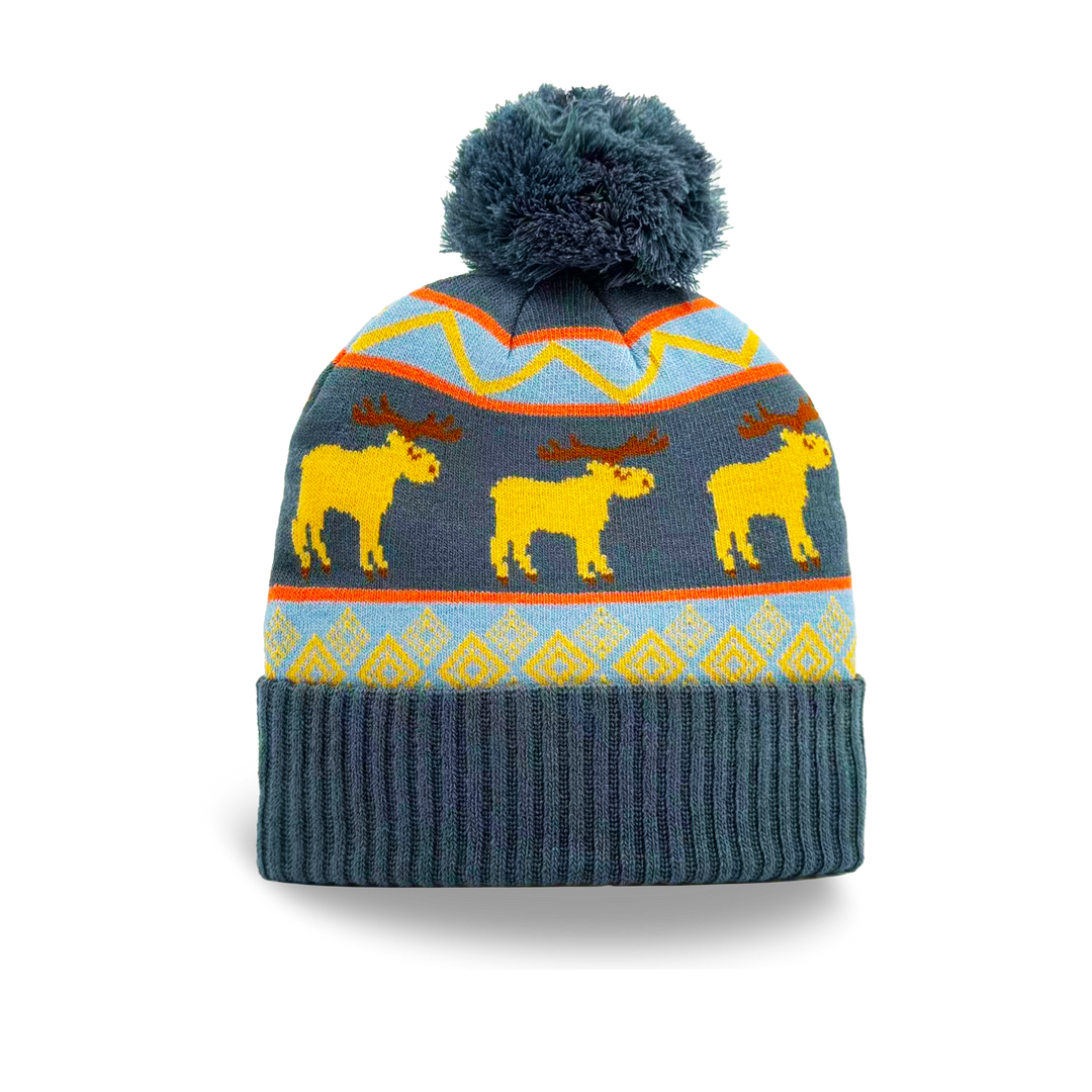 Moose Folk Pattern Knit Beanie with Colorful Nordic Design