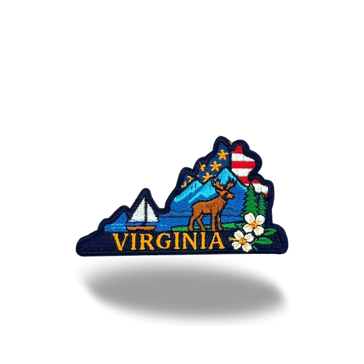 Virginia State Embroidered Patch with Mountain Deer Sailboat Floral Outdoor Travel Souvenir