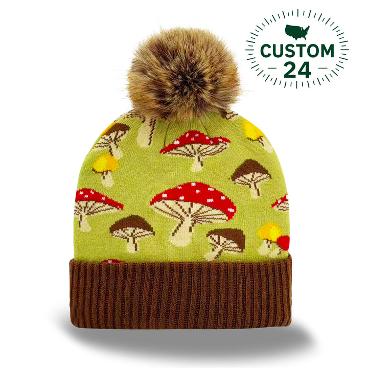 Green Knit Pom Beanie – Retro Mushroom Pattern Cozy Warm Winter Hat