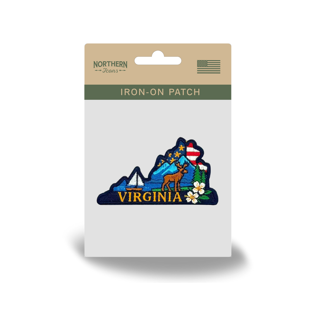 Virginia State Embroidered Patch with Mountain Deer Sailboat Floral Outdoor Travel Souvenir