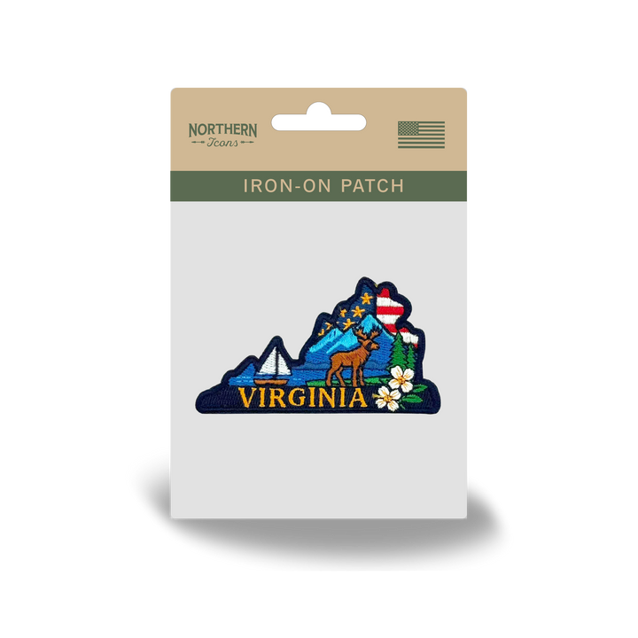 Virginia State Embroidered Patch with Mountain Deer Sailboat Floral Outdoor Travel Souvenir