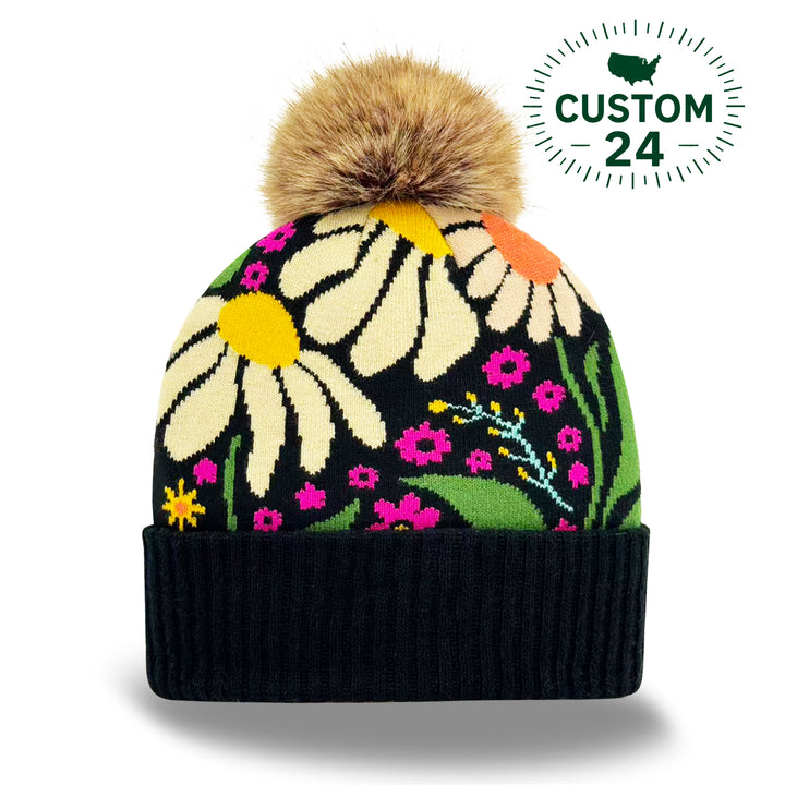 Black Knit Pom Beanie – Bold Daisy Floral Pattern Warm Winter Hat