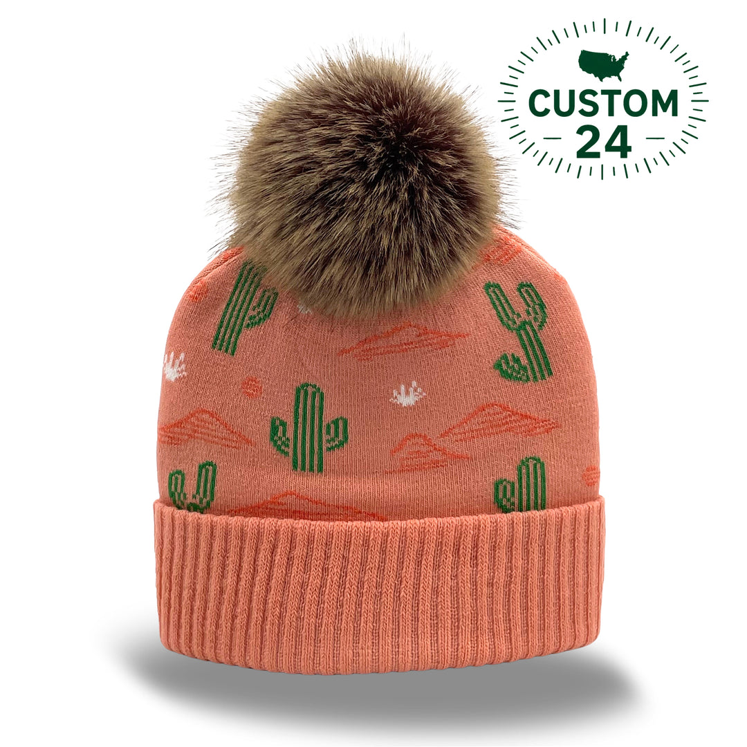 Desert Cactus Jacquard Pom Beanie | Family Matching Southwestern Winter Knit Beanie with Faux Fur Pom
