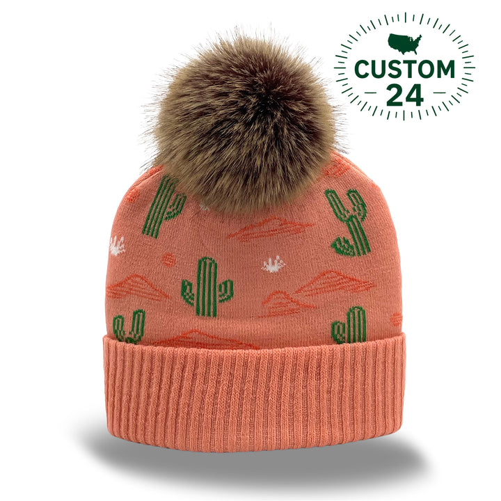 Desert Cactus Jacquard Pom Beanie | Family Matching Southwestern Winter Knit Beanie with Faux Fur Pom