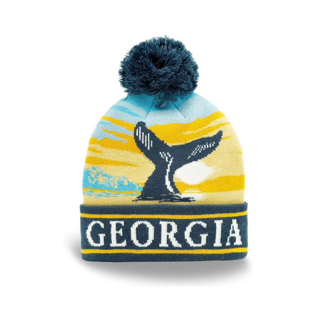 Georgia Whale Tail Sunset Knit Beanie with Coastal Scenery